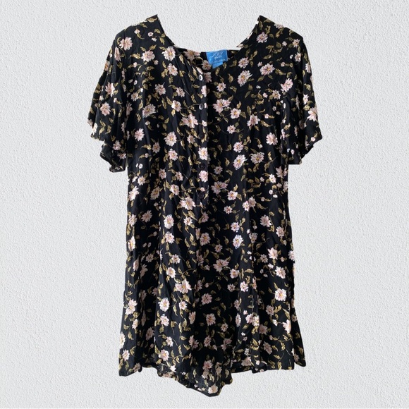 Vintage Pants - JJT Sport Vintage Daisy Floral Button Down Romper with Shoulder Pads - Size L